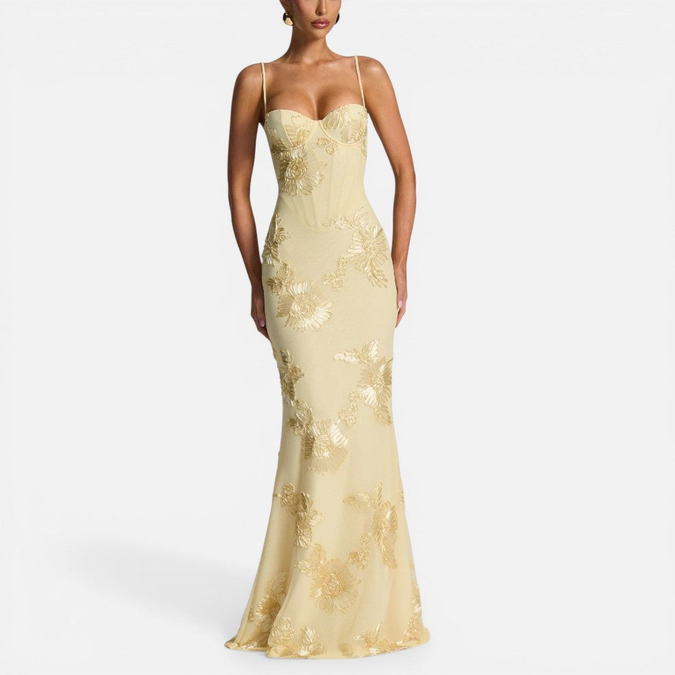 Maxikleid mit Spaghettiträgern und Blumenstickerei