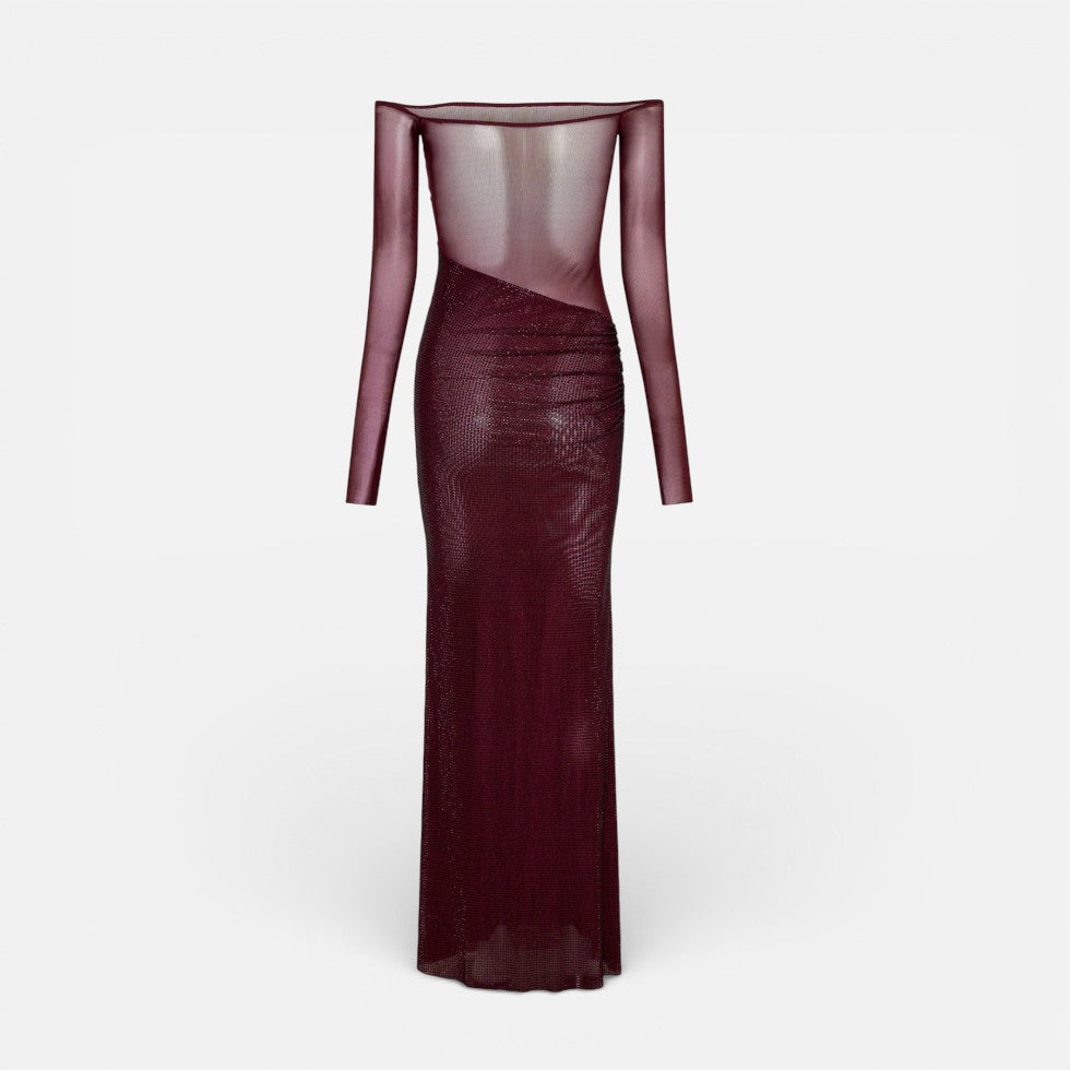 Langes Abendkleid mit Off Shoulder Schnitt und transparentem Oberteil