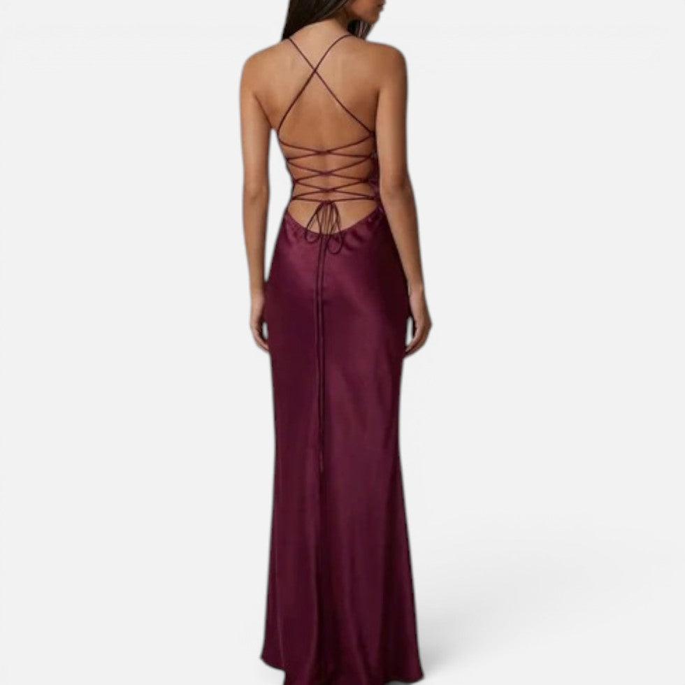 Maxikleid Perlenbesatz Halterneck Ärmellos Satinoptik