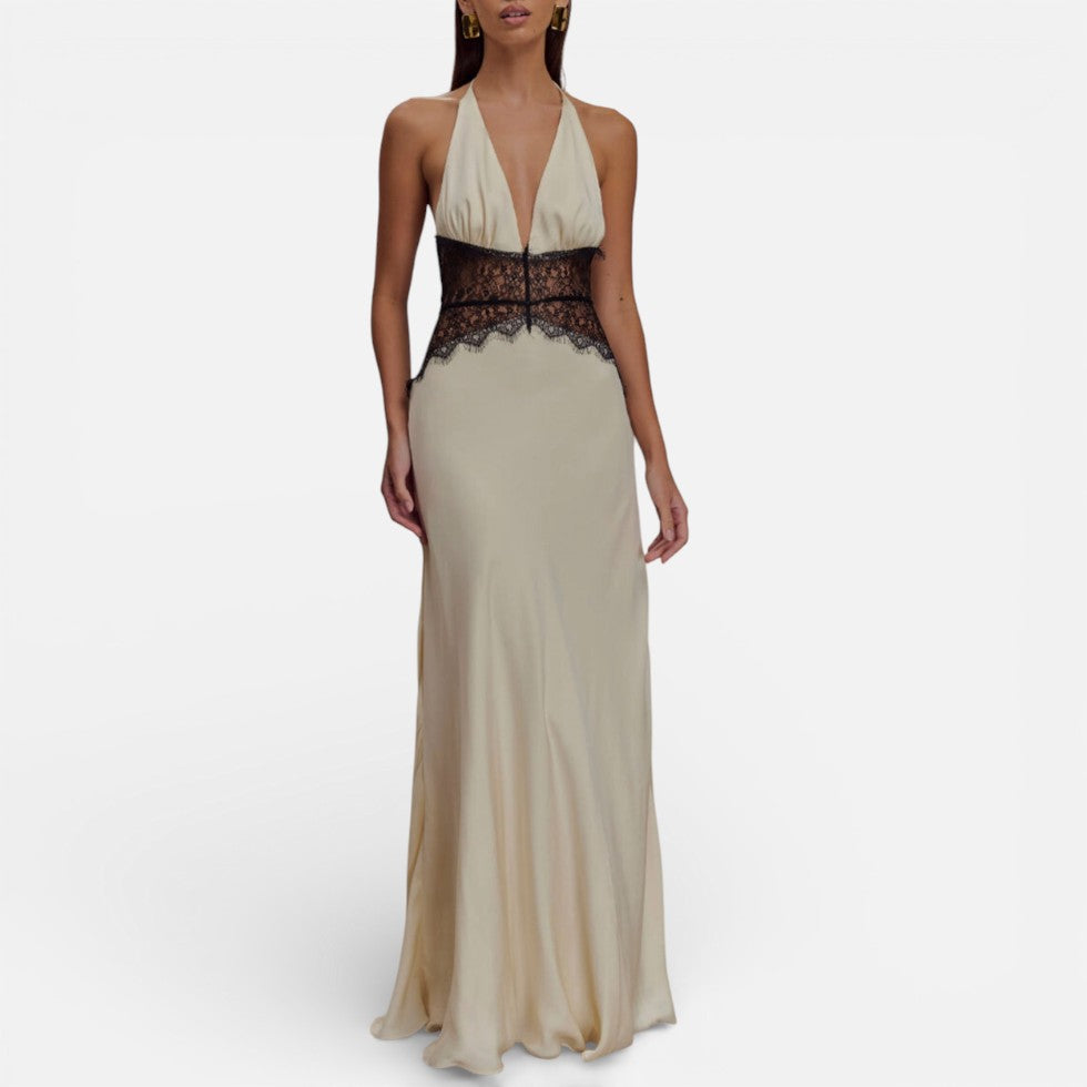 Langes Abendkleid mit Neckholder und Spitzenbund