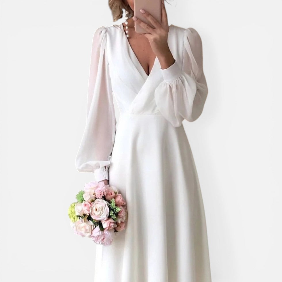Hannelore | Damen Midikleid V-Ausschnitt Langer Ärmel – Elegantes Herbstkleid 2026