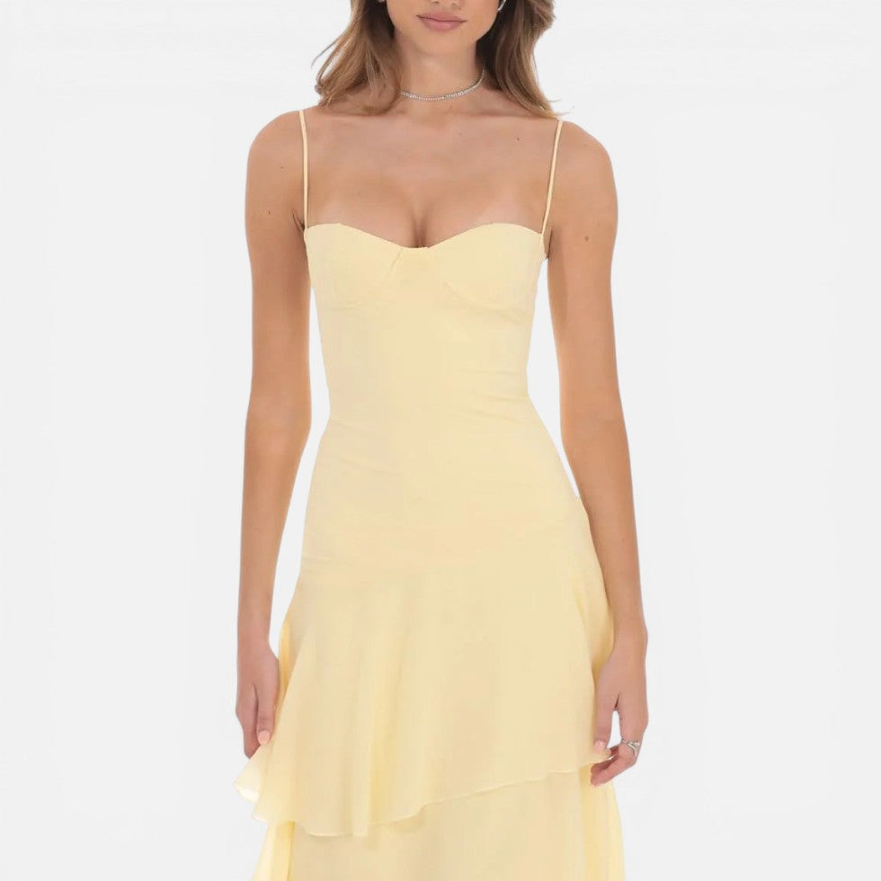 Maxikleid mit Spaghettiträgern und Volantrock