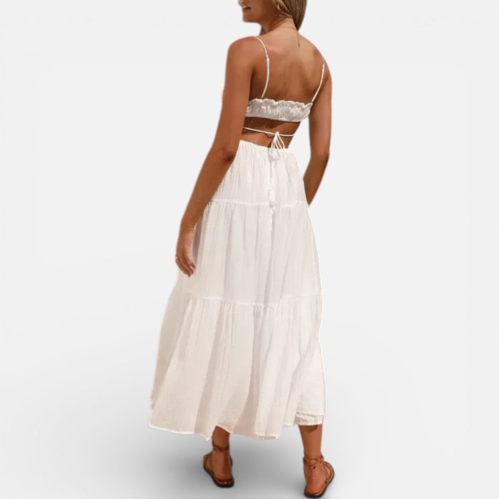 Weißes Leinen Sommer Midikleid mit Spaghettiträgern