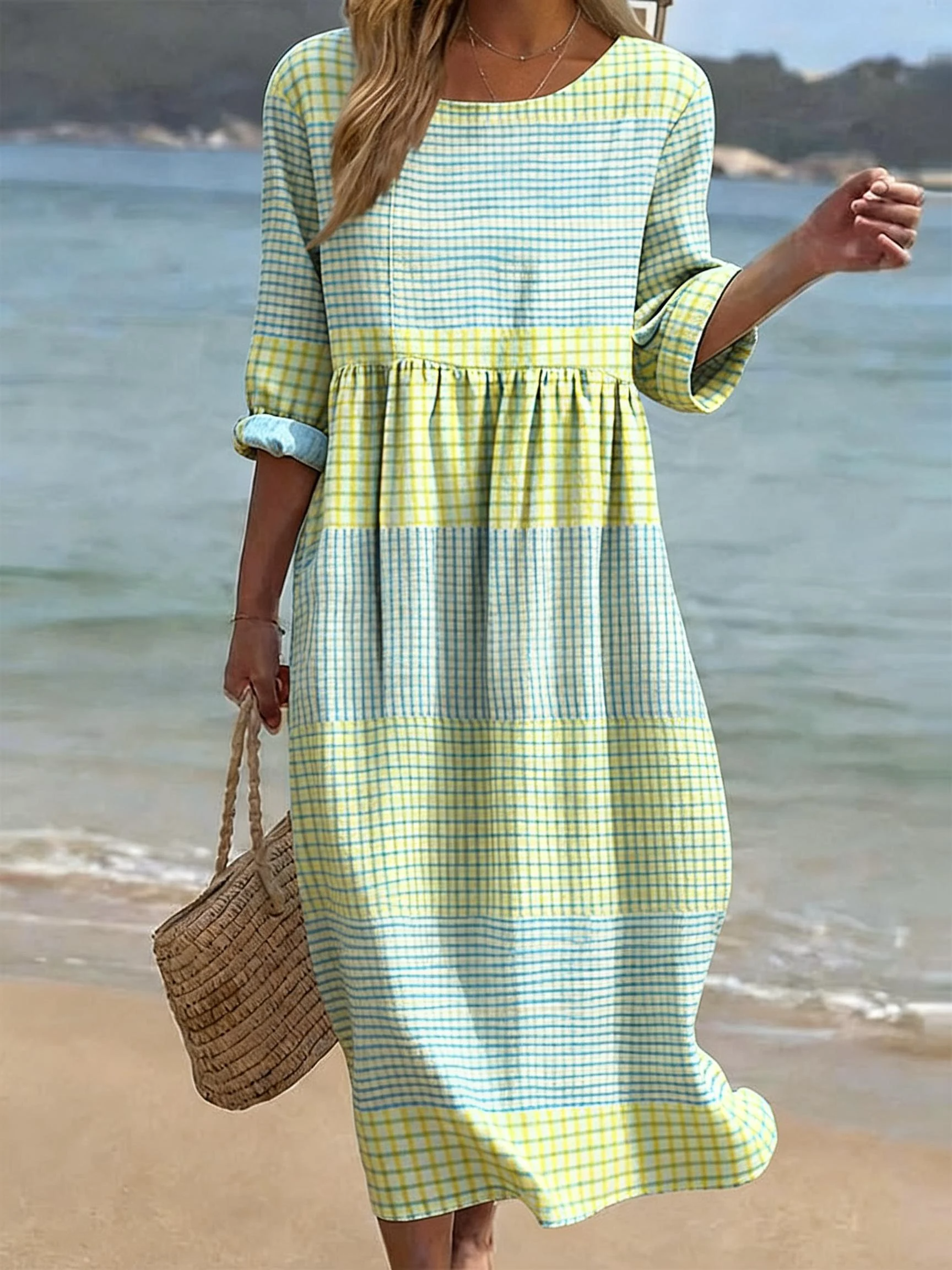 Damen Kariert Geraffte Taille Midi Sommerkleid