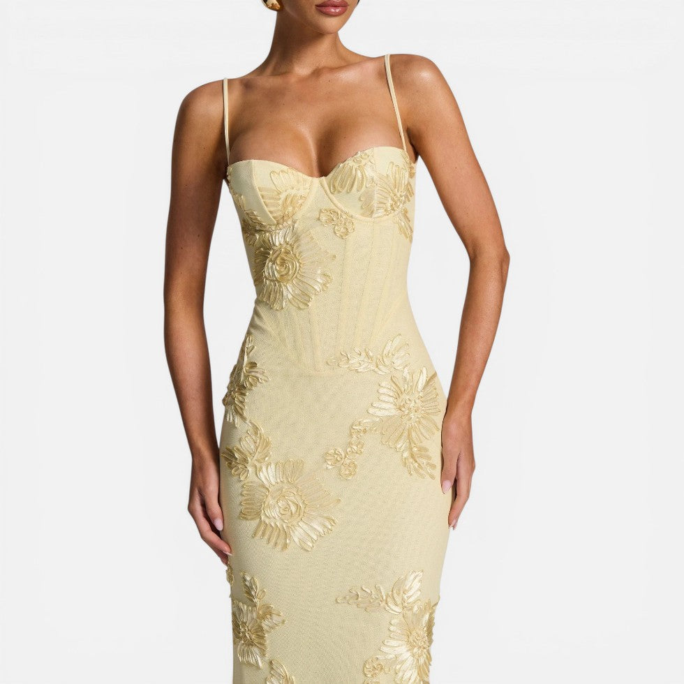 Maxikleid mit Spaghettiträgern und Blumenstickerei