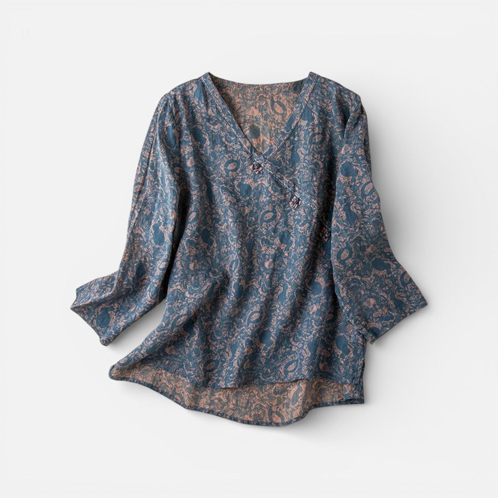 Damen Tunika Langarm V Ausschnitt Musterbluse
