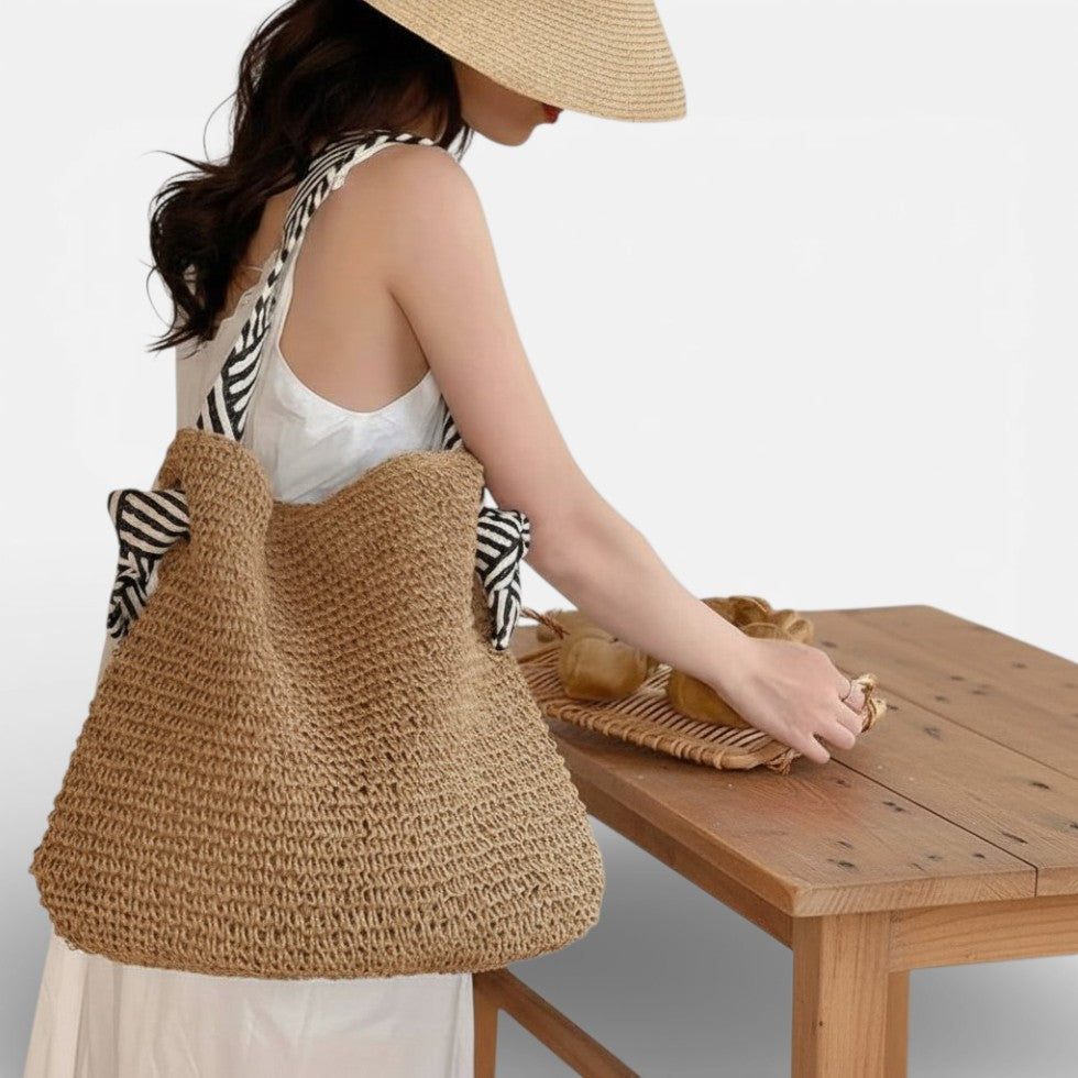 Damen Strandtasche aus geflochtenem Material mit Schulterriemen