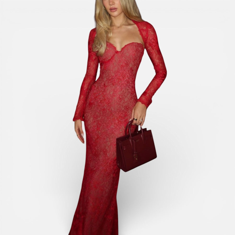 Langes Abendkleid aus Spitze mit langen Ärmeln