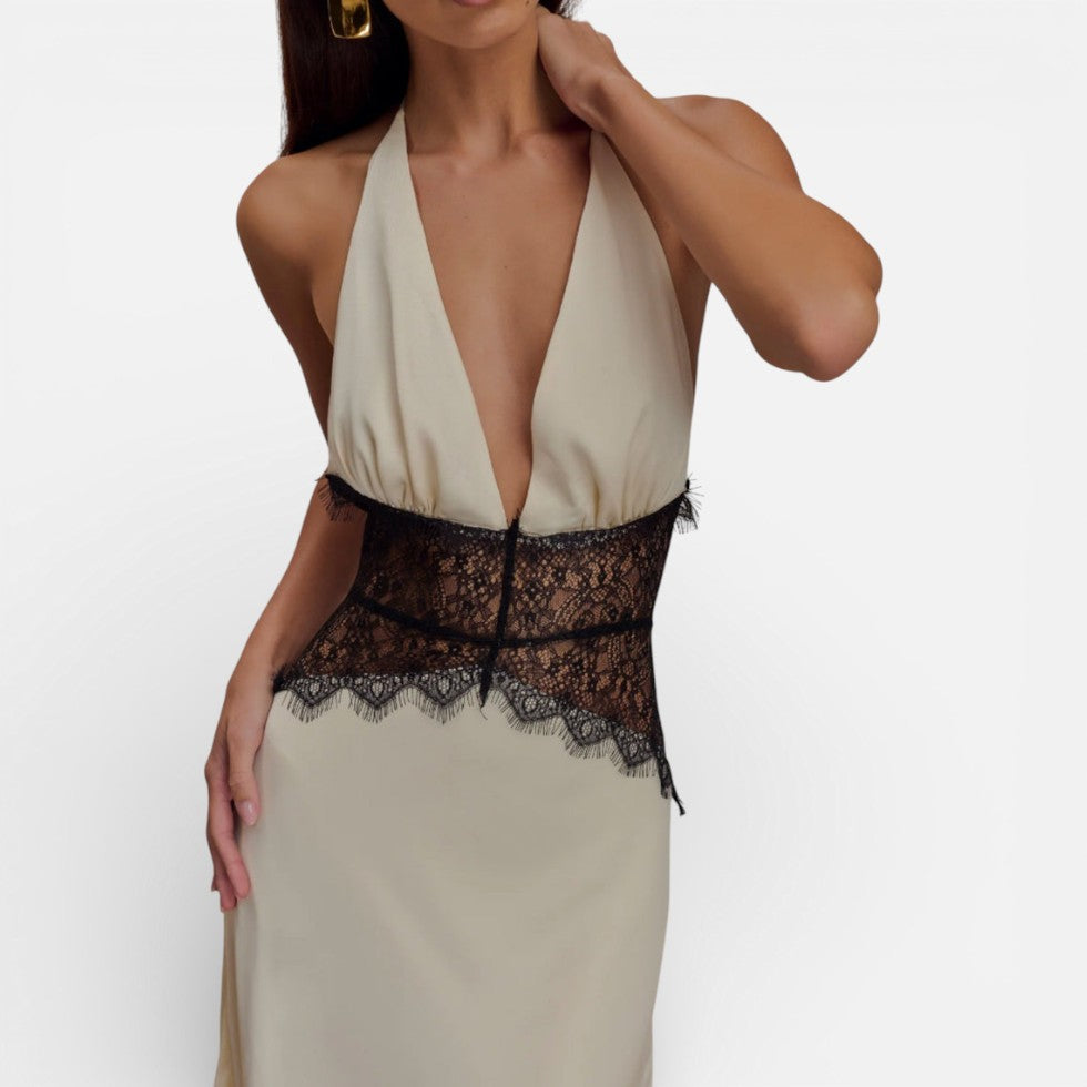 Langes Abendkleid mit Neckholder und Spitzenbund