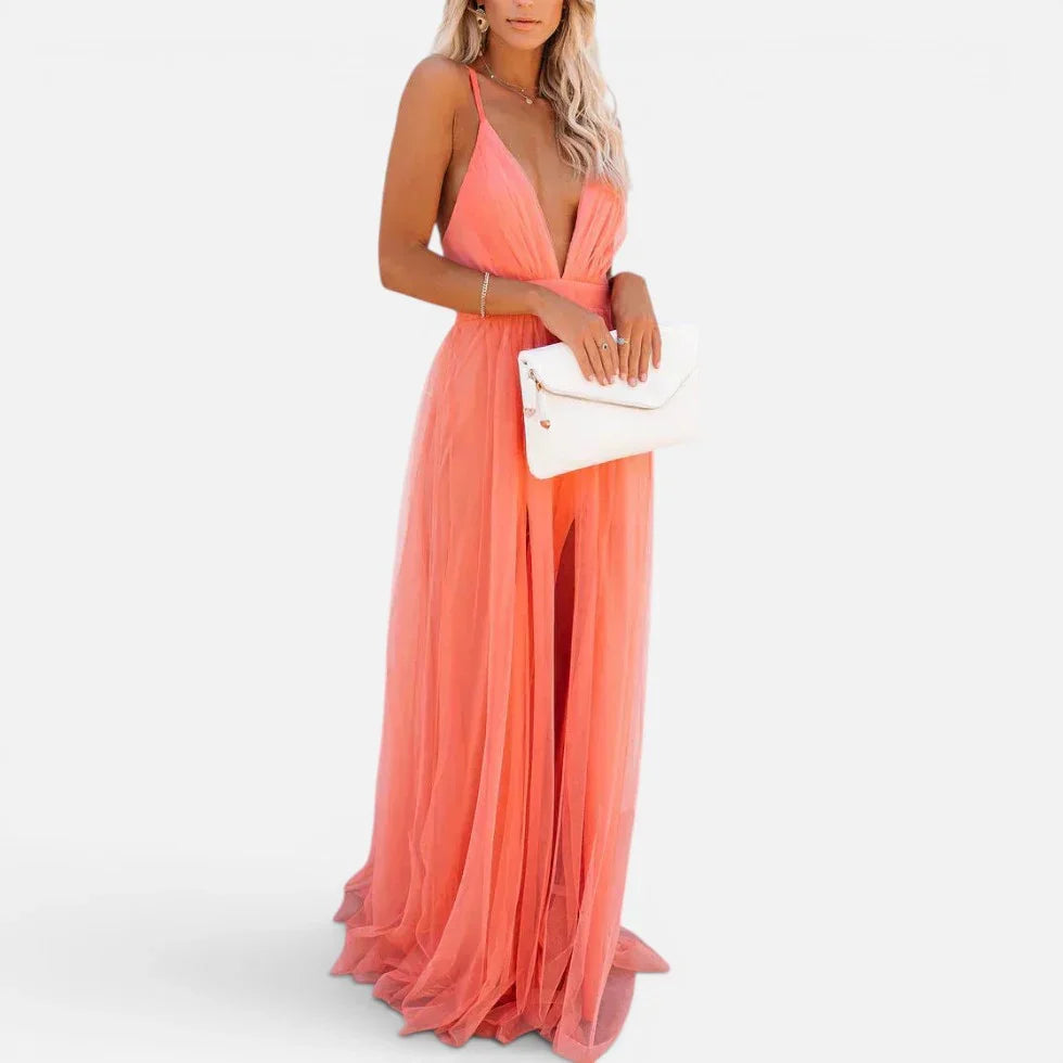 Maxikleid Tiefem V Ausschnitt Ärmellos Tailliert Chiffonoptik