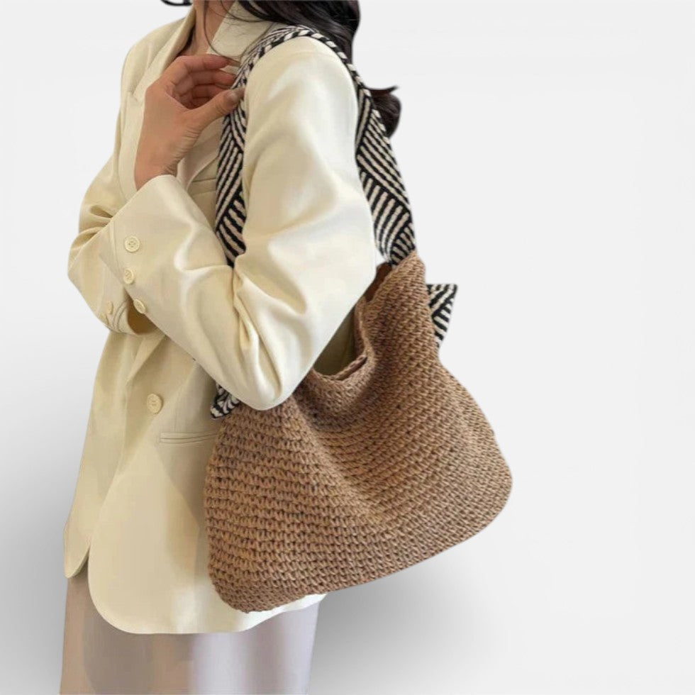 Damen Strandtasche aus geflochtenem Material mit Schulterriemen