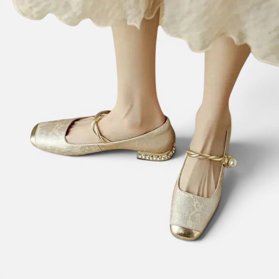 Orthopädische Mary Jane Schuhe Riemen Design Blockabsatz Jacquard Muster