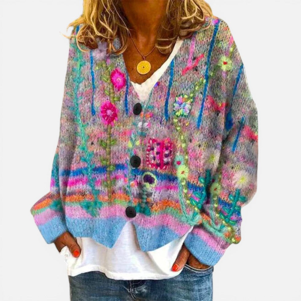 Damen Strickjacke mit Blumenmuster und Knöpfen