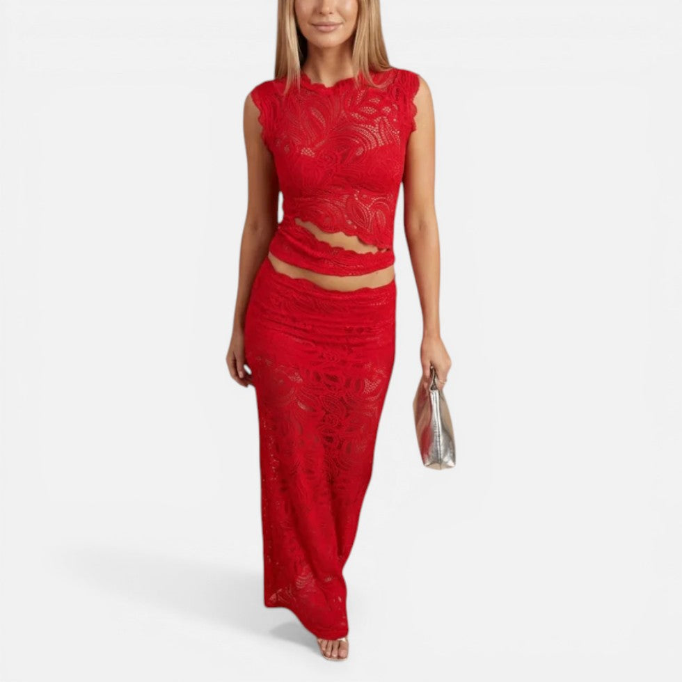 Zweiteiliges Spitzenkleid mit Crop Top und Midirock