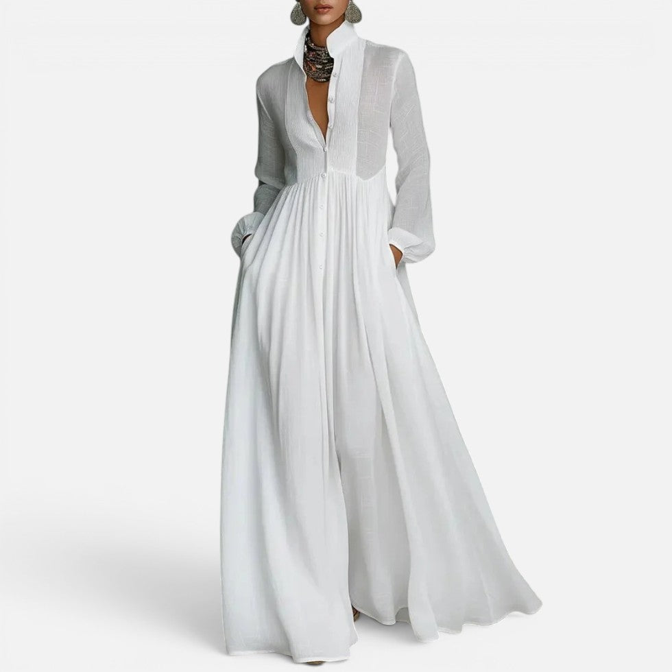 Maxikleid Knopfleiste Stehkragen Langarm