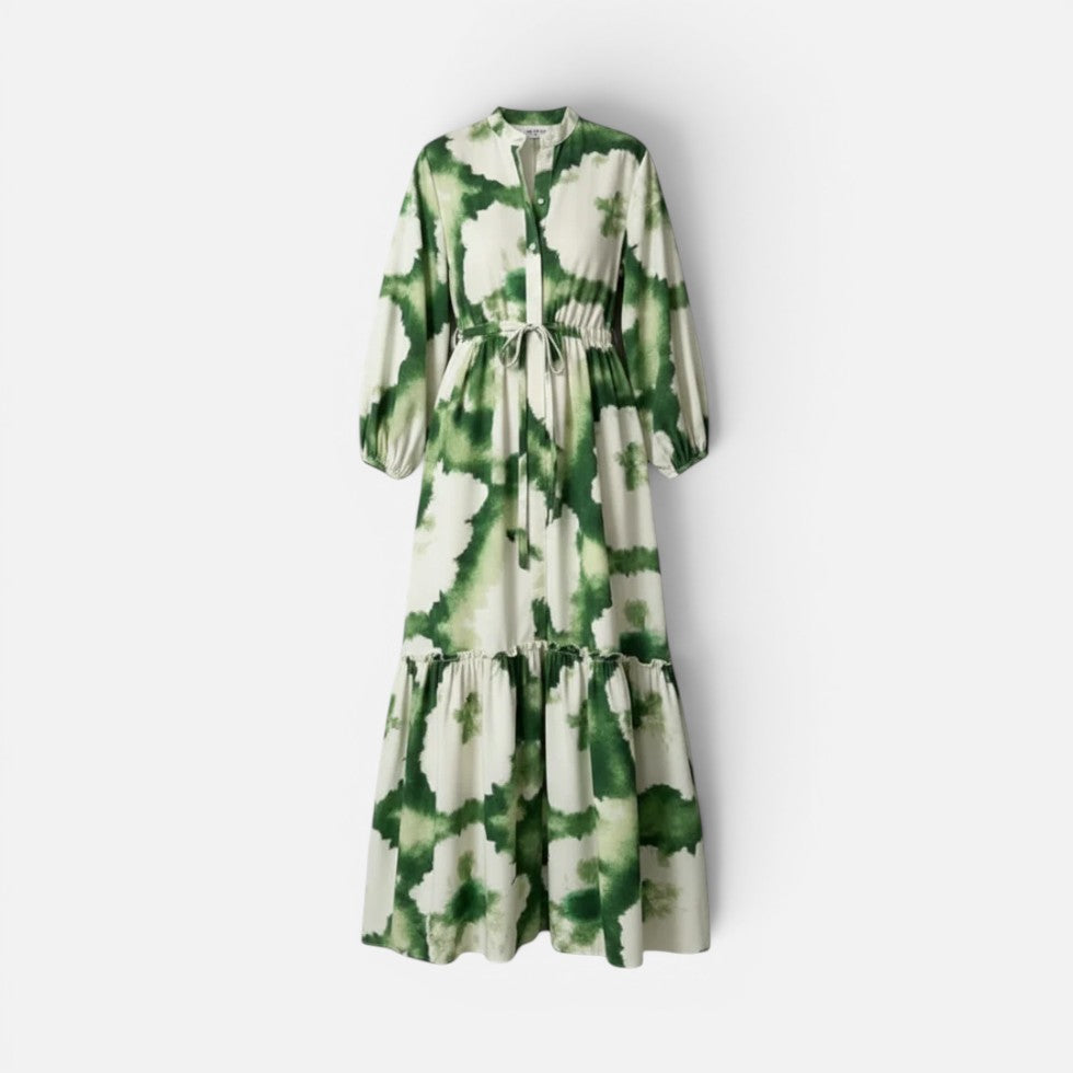 Maxikleid Taillengürtel Langarm Stehkragen Musterprint