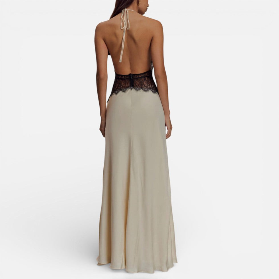 Langes Abendkleid mit Neckholder und Spitzenbund