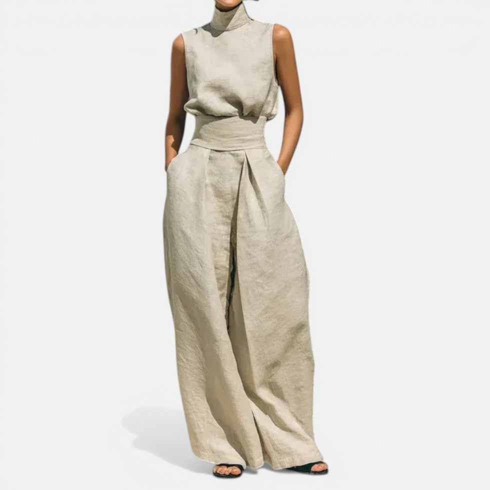 Ärmelloser Jumpsuit mit weitem Bein und Stehkragen