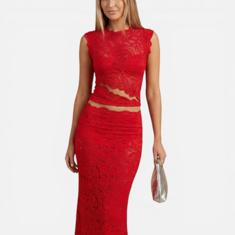 Zweiteiliges Spitzenkleid mit Crop Top und Midirock