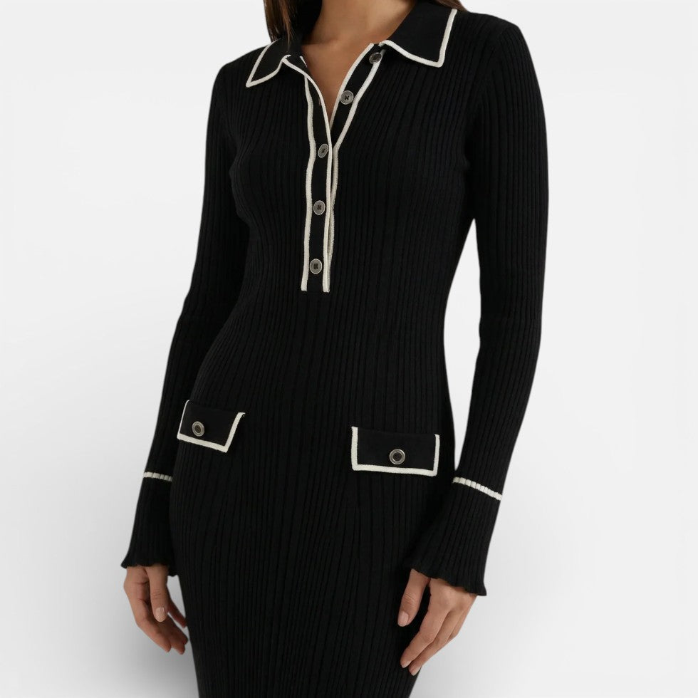 Damen Langarm Maxikleid mit Kragen und Knopfleiste