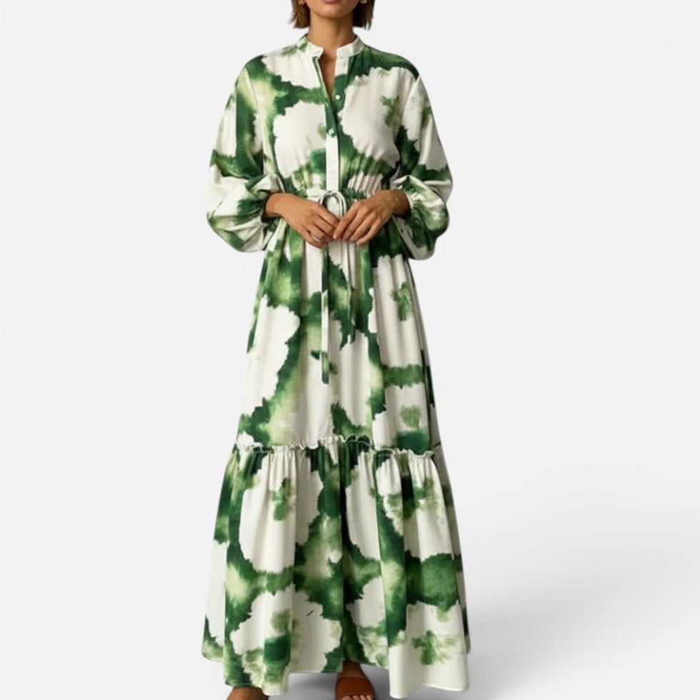Maxikleid Taillengürtel Langarm Stehkragen Musterprint