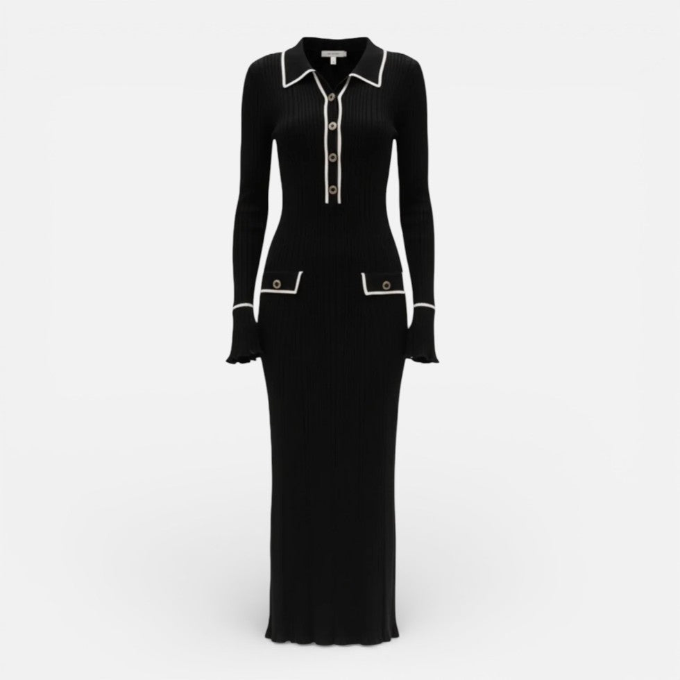 Damen Langarm Maxikleid mit Kragen und Knopfleiste