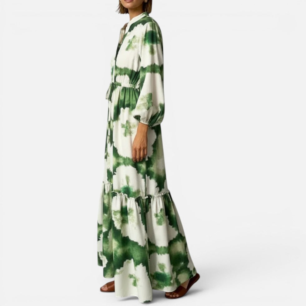 Maxikleid Taillengürtel Langarm Stehkragen Musterprint