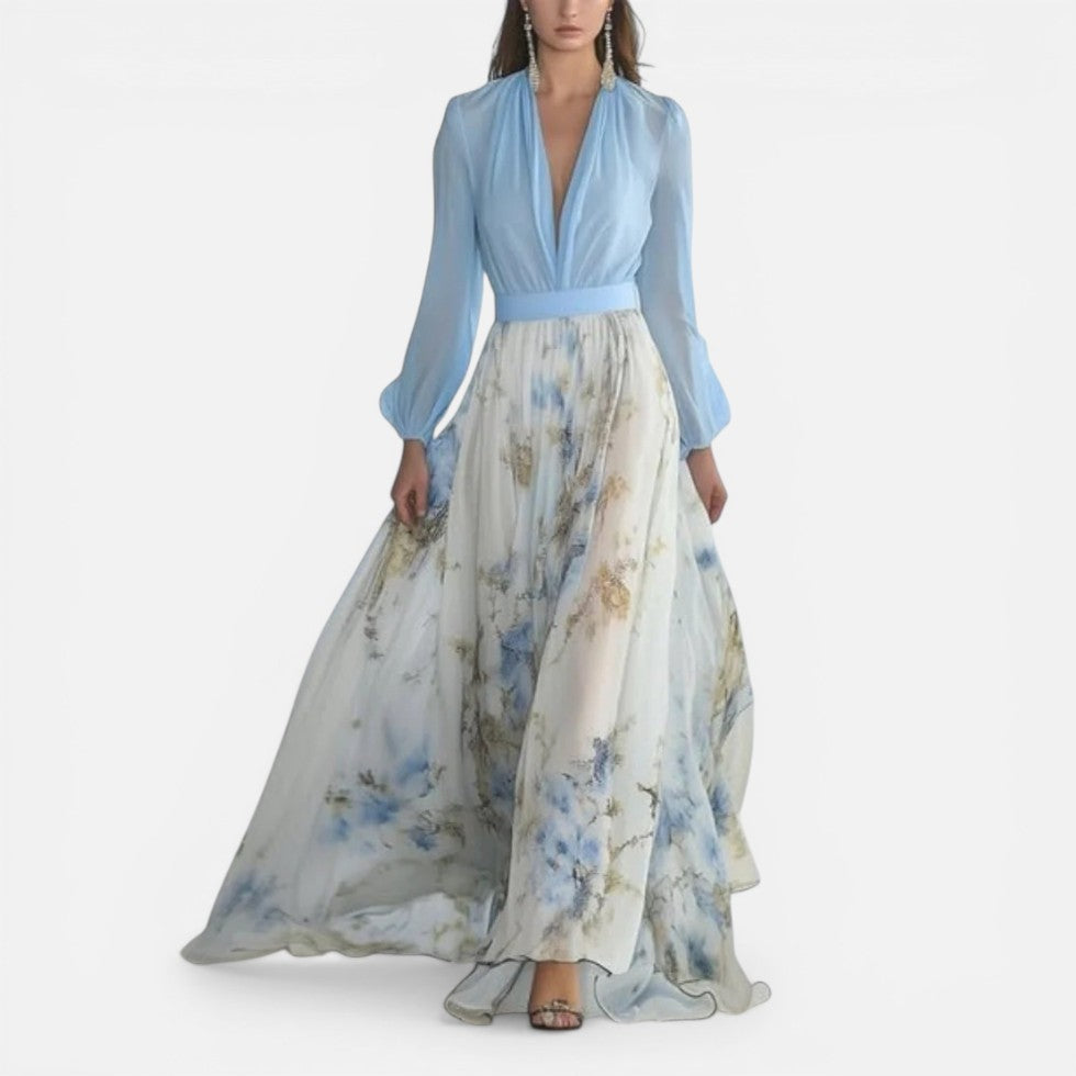 Maxikleid mit Blumenmuster und V Ausschnitt