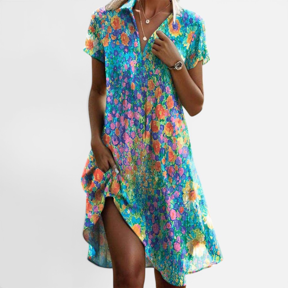 Midikleid Blumenmuster V Ausschnitt Kurzarm Locker Fallend