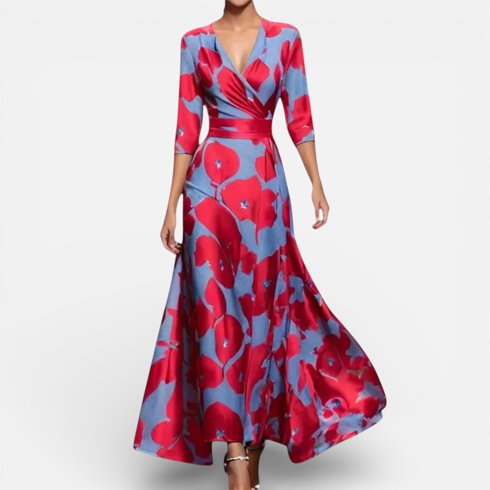 Damen Maxikleid mit V Ausschnitt und floralem Muster