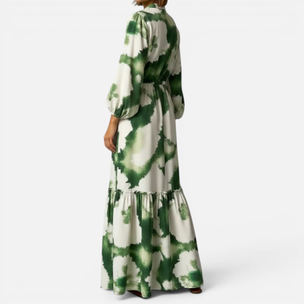 Maxikleid Taillengürtel Langarm Stehkragen Musterprint