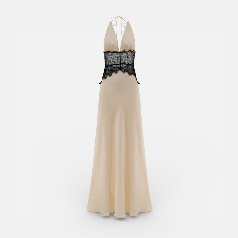 Langes Abendkleid mit Neckholder und Spitzenbund