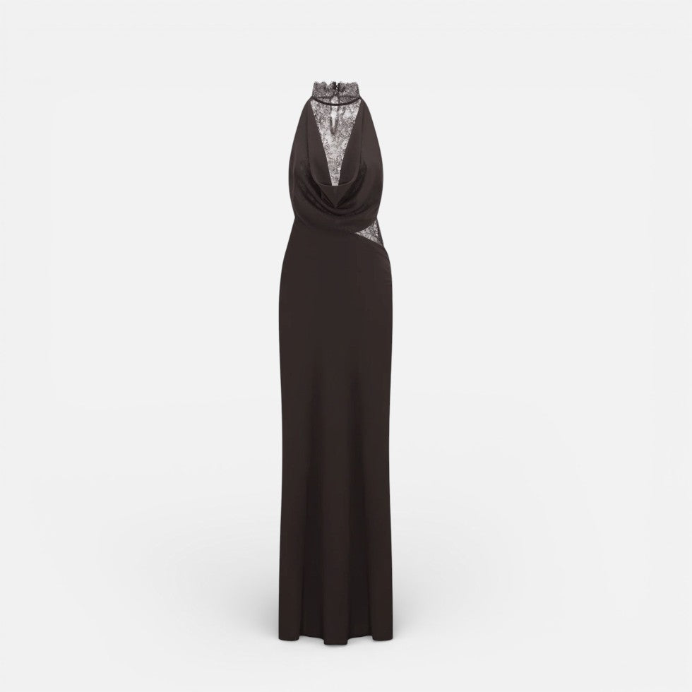 Langes Abendkleid mit Spitzenoberteil und Neckholderkragen