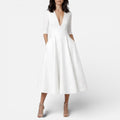 Damen Midikleid mit V Ausschnitt und Dreiviertelärmeln