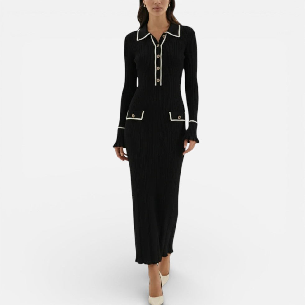 Damen Langarm Maxikleid mit Kragen und Knopfleiste