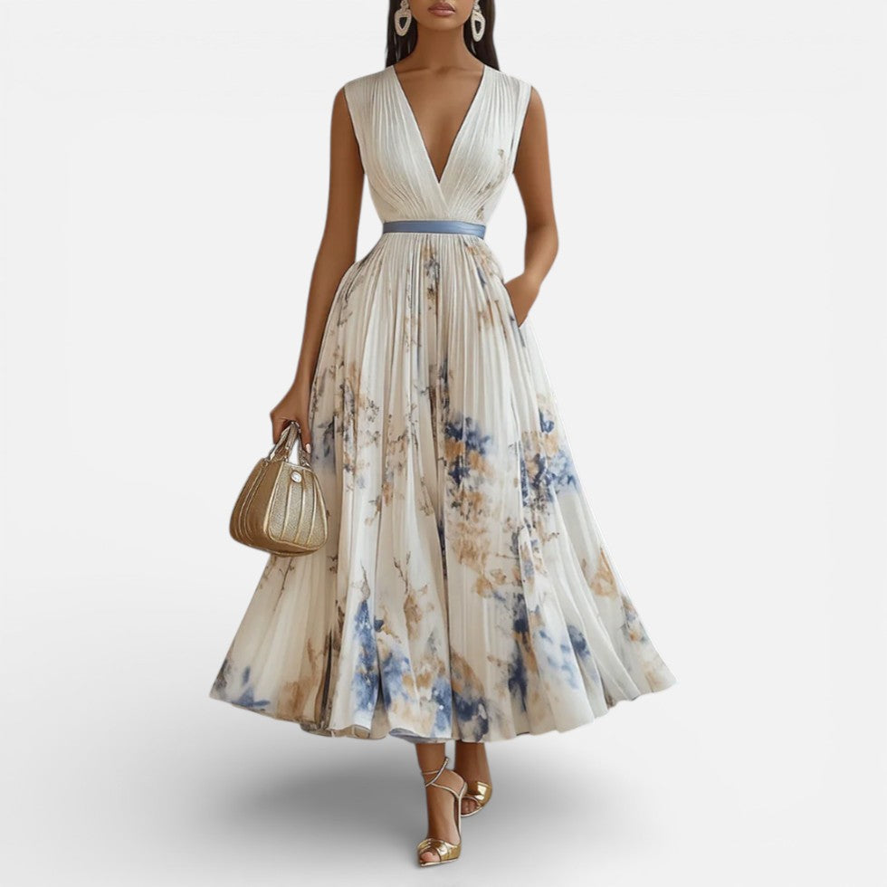 Damen Midikleid Plissee V Ausschnitt