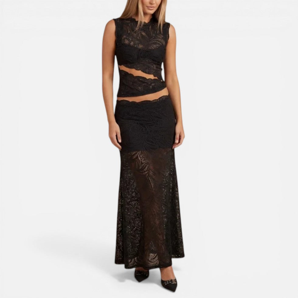 Zweiteiliges Spitzenkleid mit Crop Top und Midirock