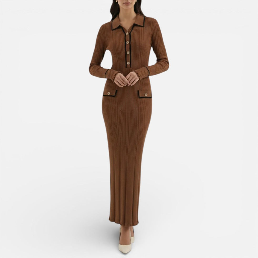 Damen Langarm Maxikleid mit Kragen und Knopfleiste