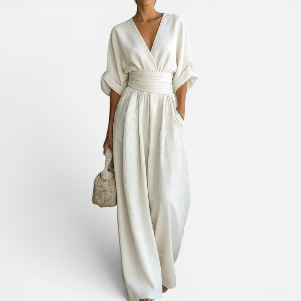Jumpsuit Tailliert V Ausschnitt Weites Bein Dreiviertelarm