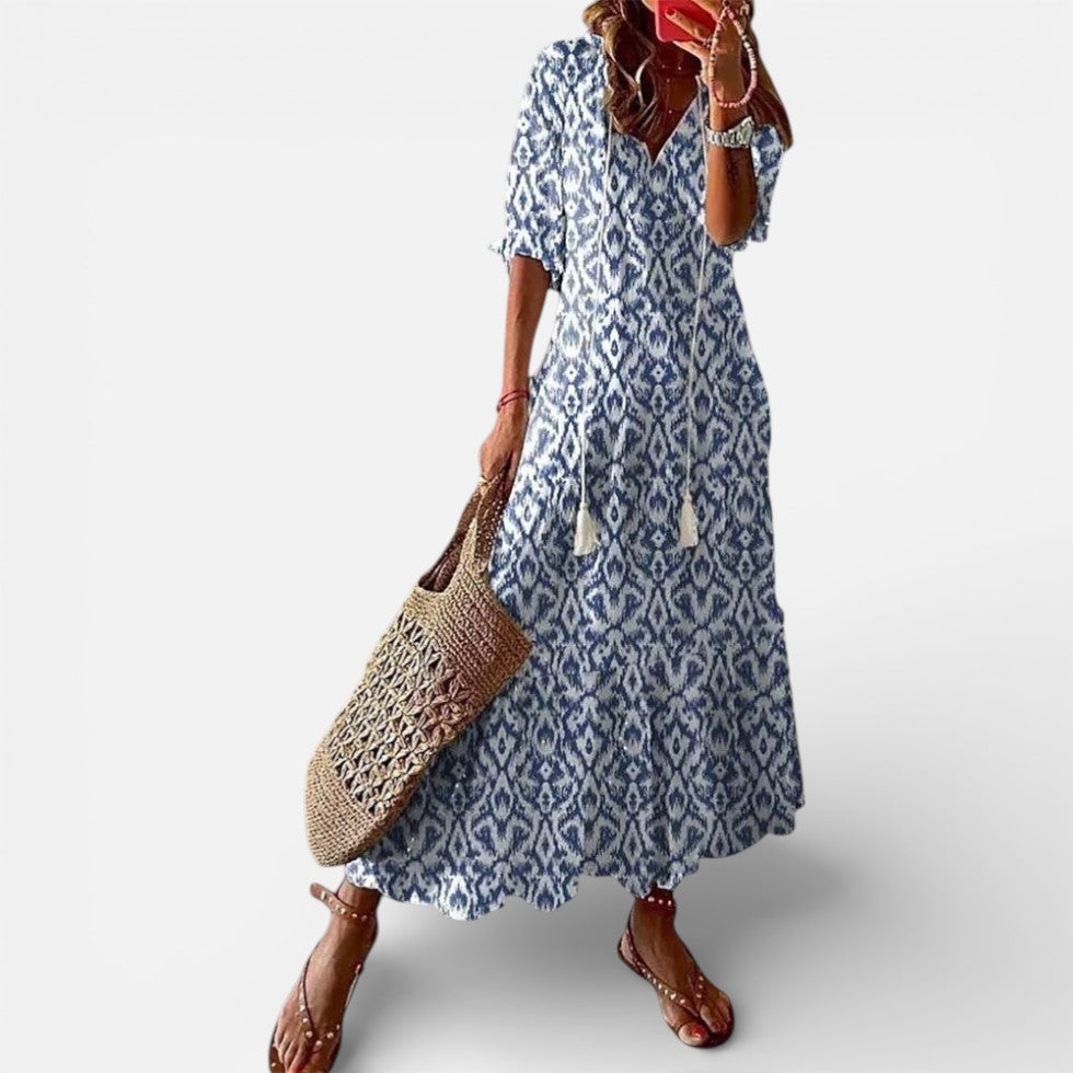 Damen Maxikleid Kurzarm V Ausschnitt Blumenmuster