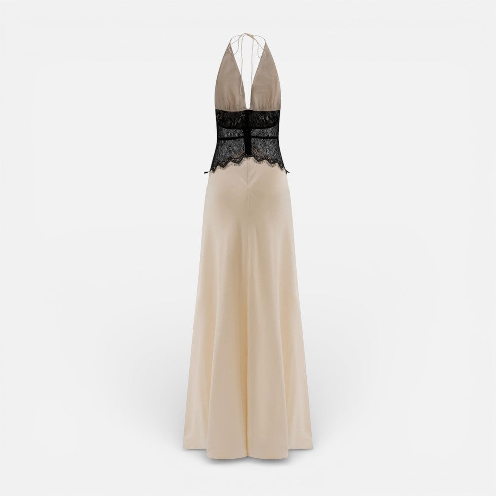 Langes Abendkleid mit Neckholder und Spitzenbund