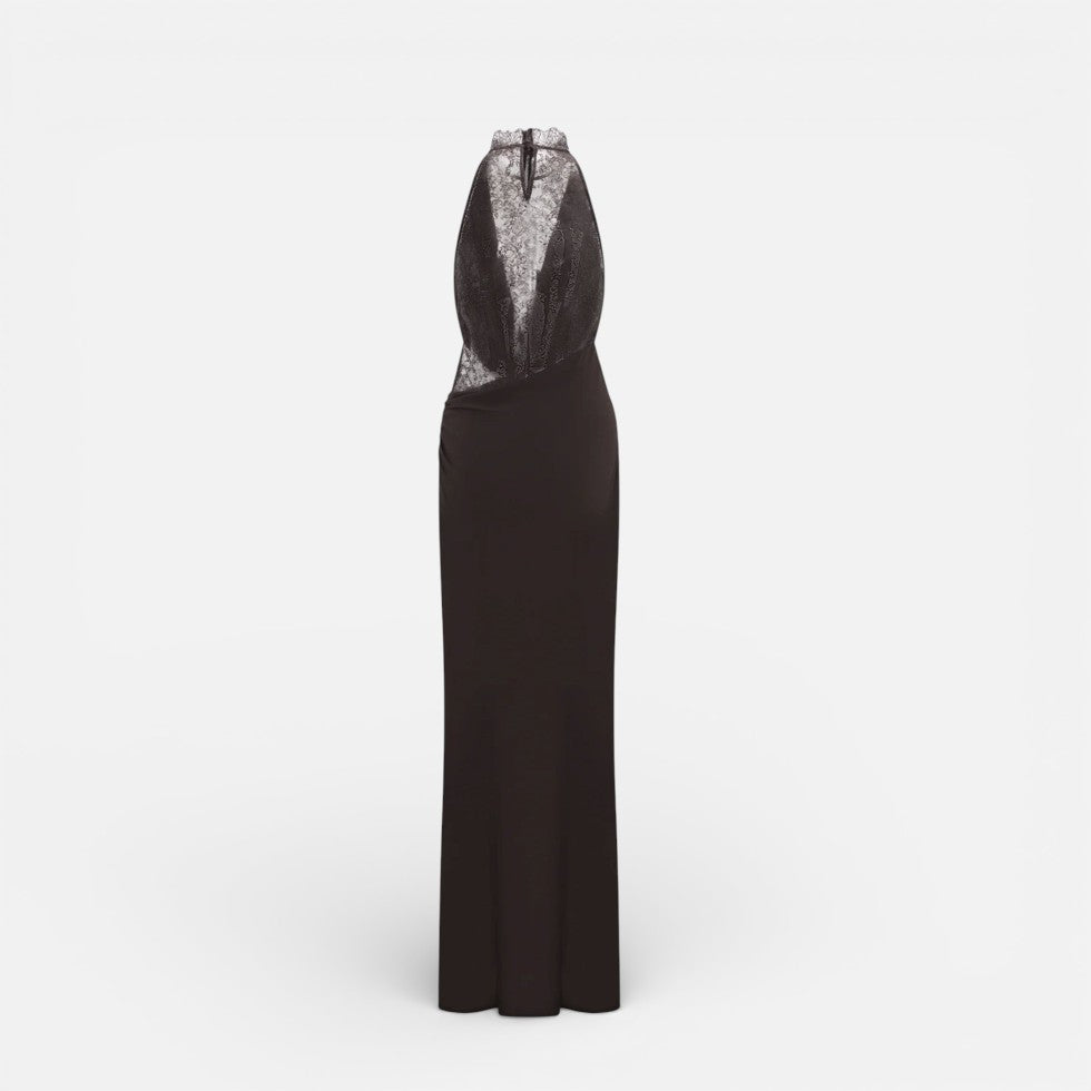 Langes Abendkleid mit Spitzenoberteil und Neckholderkragen