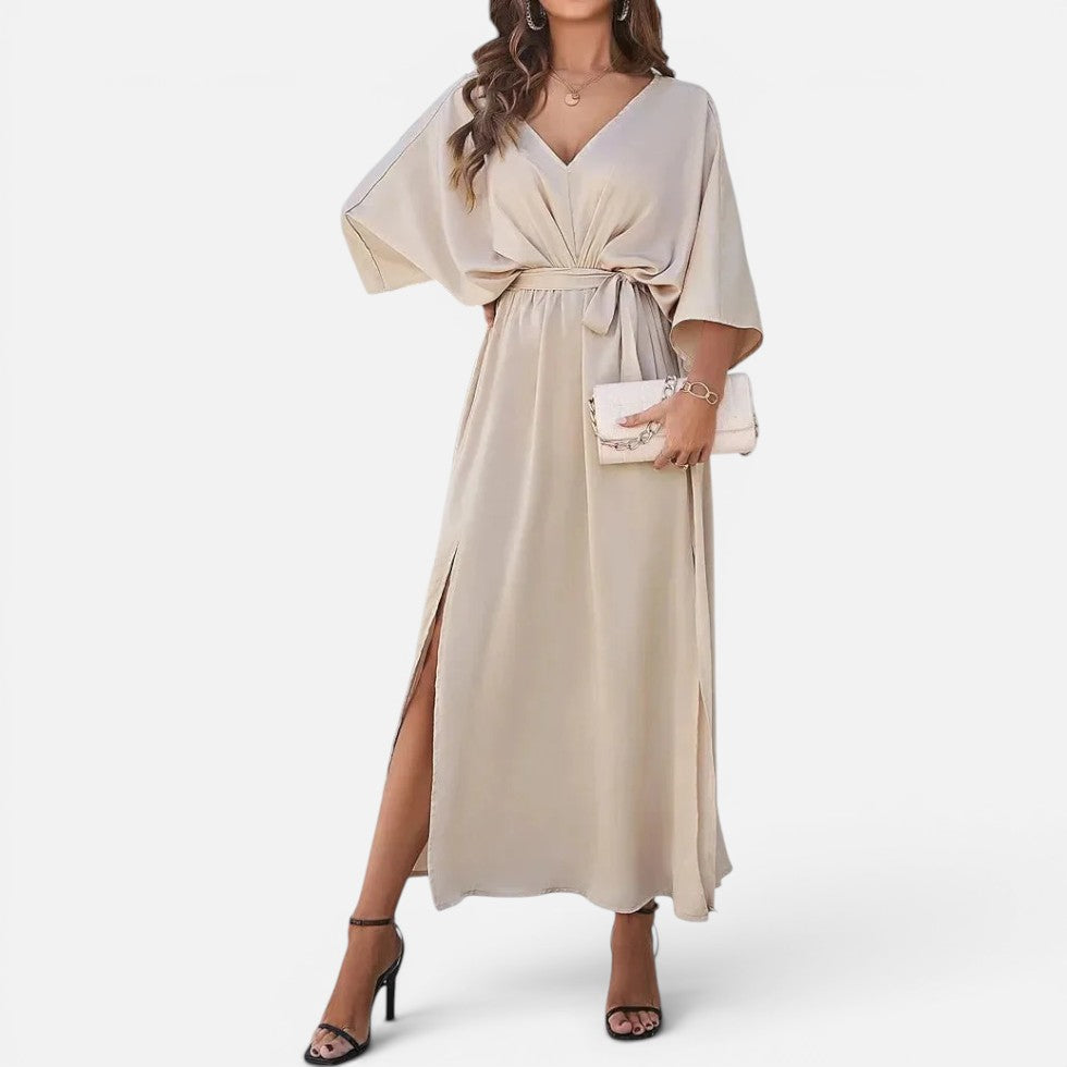 Damen Maxikleid mit V Ausschnitt und Taillengürtel