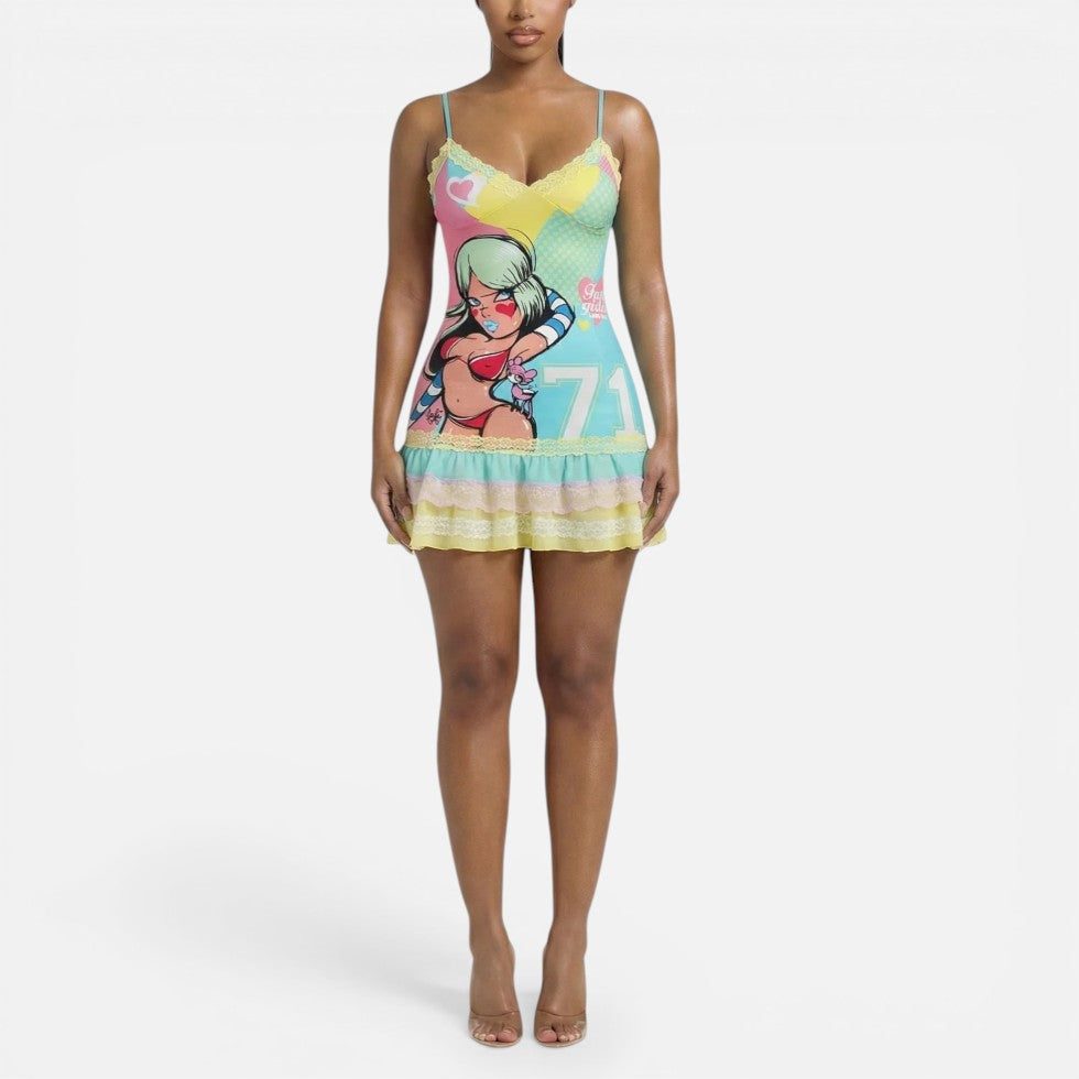 Yvonne | Damen Minikleid Print Spaghettiträger – Bedrucktes Mini Kleid Sommer 2026