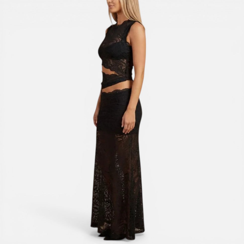 Zweiteiliges Spitzenkleid mit Crop Top und Midirock