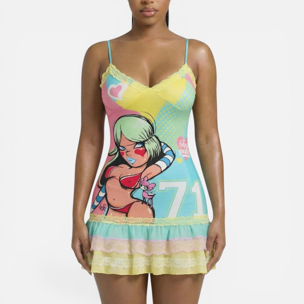 Yvonne | Damen Minikleid Print Spaghettiträger – Bedrucktes Mini Kleid Sommer 2026