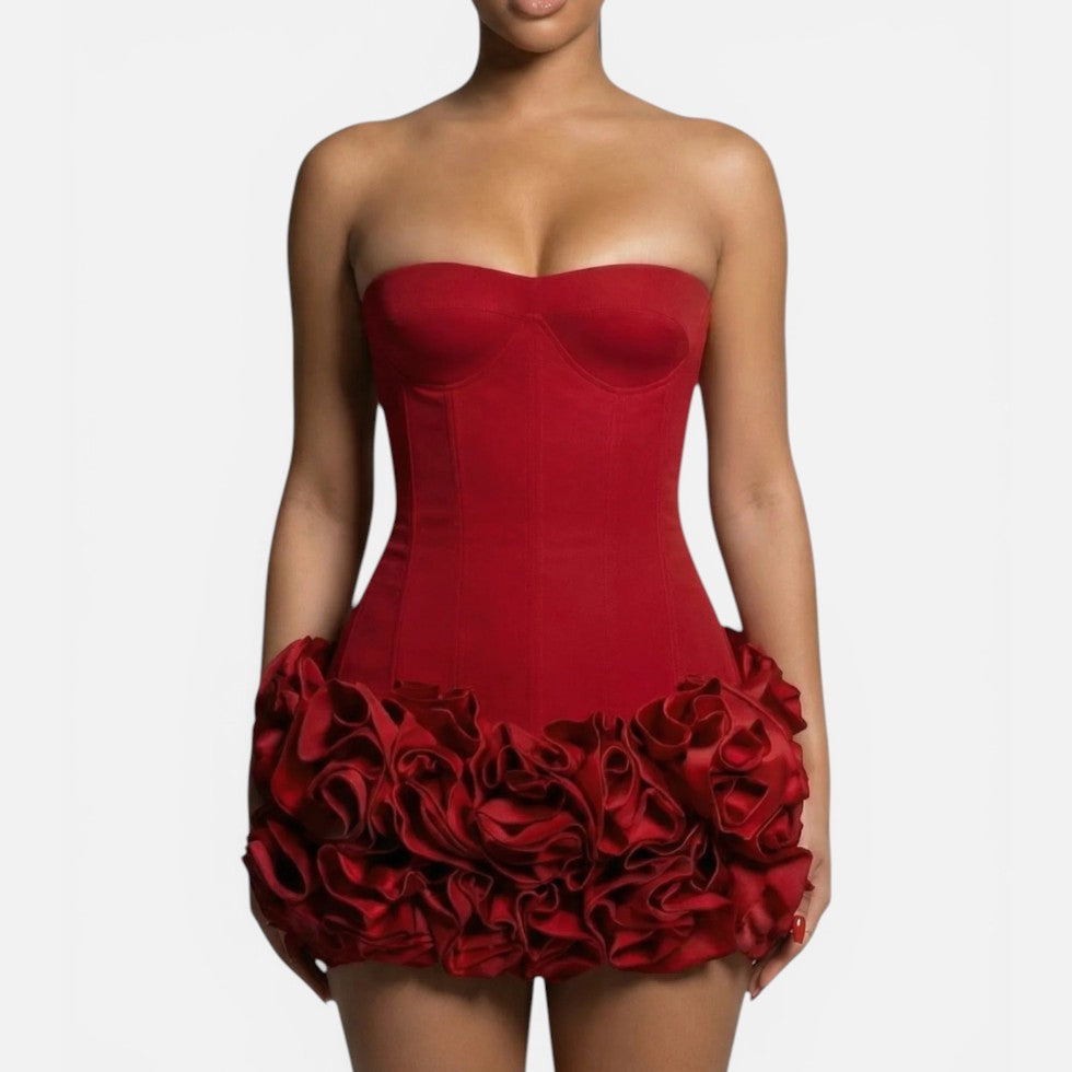 Trägerloses Minikleid mit Korsett und Volantrock