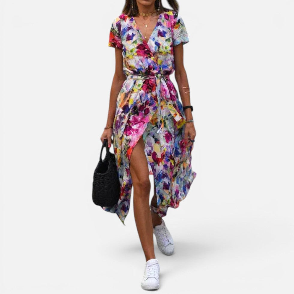Maxikleid Wickeloptik Blumenmuster V Ausschnitt Kurzarm