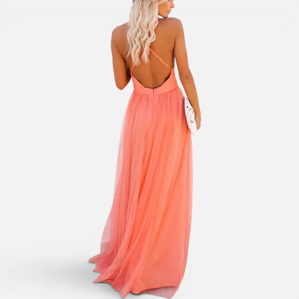Maxikleid Tiefem V Ausschnitt Ärmellos Tailliert Chiffonoptik
