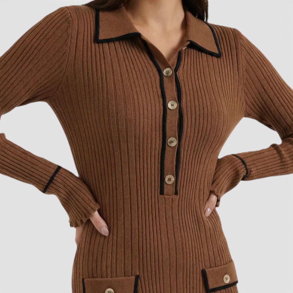 Damen Langarm Maxikleid mit Kragen und Knopfleiste